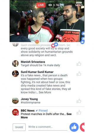 Fig 3: BBC Facebook Live Video of Delhi protests