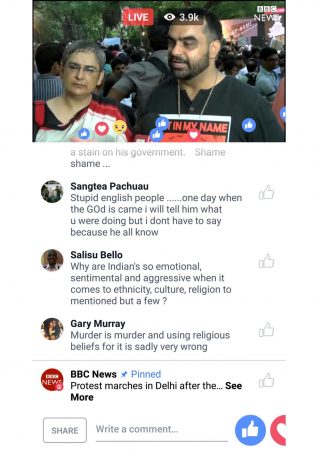 Fig 4: BBC Facebook Live Video of Delhi protests