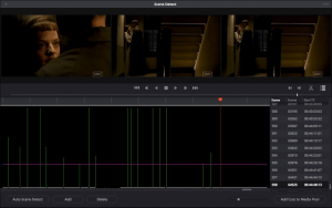 Fig 3. The scene detection interface in DaVinci Resolve 14. The purple, horizontal line represents the threshold at which shots will be recognised (the higher the line, the greater the difference between frames in order for the algorithm to recognise a cut, and vice versa).