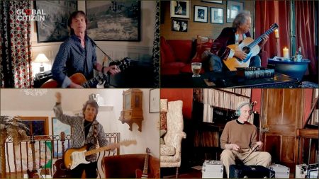 Fig. 2: The Rolling Stones' Mick Jagger, Keith Richards, Ronnie Wood and Charlie Watts perform during "One World: Together At Home" presented by Global Citizen on April, 18, 2020. Source: Forbes
