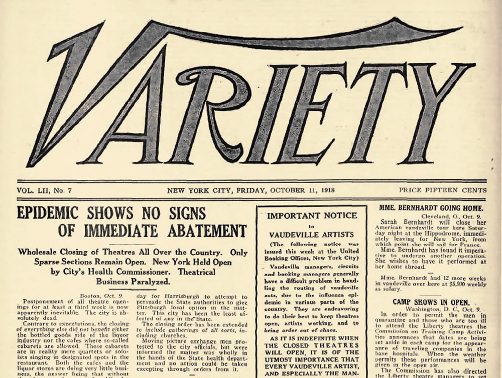 Fig. 1: Lead Story in the 11 October 1918 issue of Variety: ‘Wholesale Closing of Theatres All Over the Country’